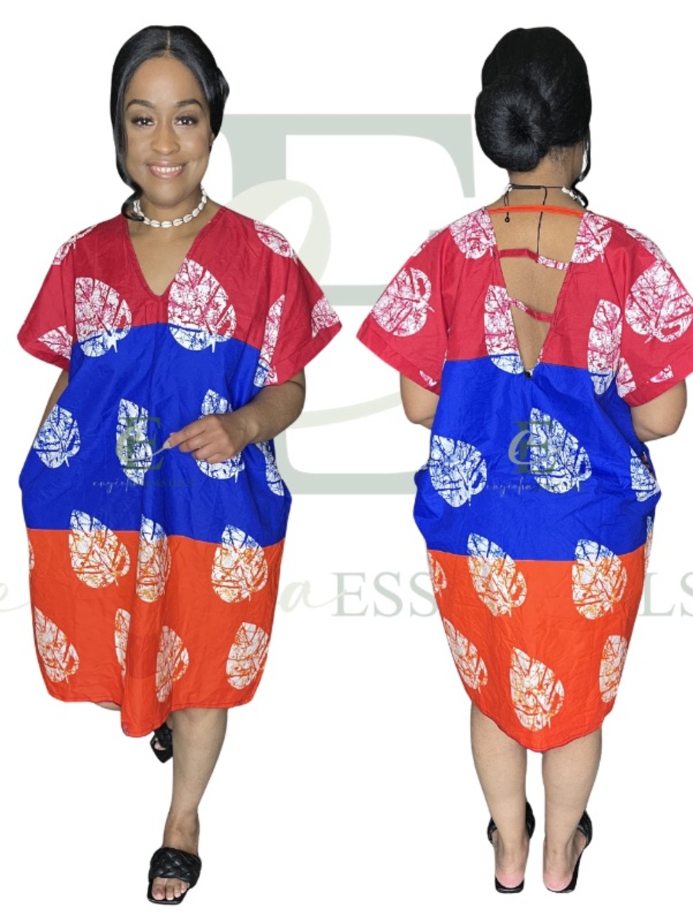 Colorblock Leaf Print V-Neck Women's Dress - Red Blue Orange